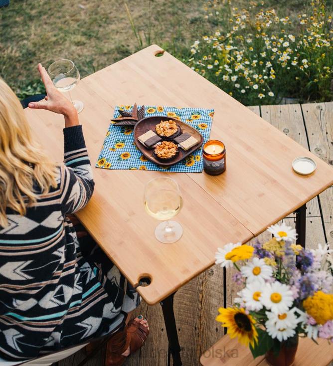 Plow & Hearth bambusowy składany stół kempingowy z regulacją wysokości i uchwytami na kieliszki do wina - bambus/brąz 02XR61167 artykuły gospodarstwa domowego