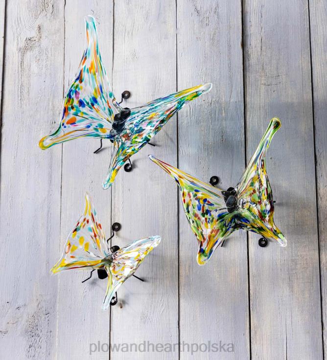 Plow & Hearth motyle ze szkła artystycznego z żelaznymi nóżkami, zestaw 3 sztuk 02XR6391 podwórko i ogród