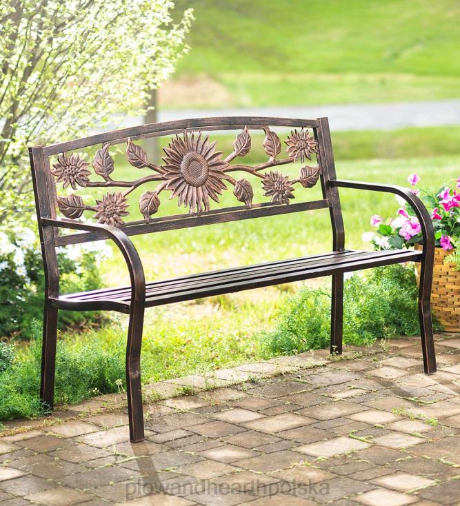 Plow & Hearth Metalowa ławka ogrodowa ze słonecznikiem 02XR6497 podwórko i ogród