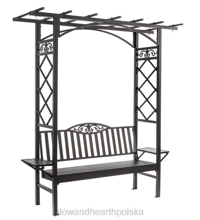 Plow & Hearth Pergola z ławką aluminiową odlewaną ze stolikami bocznymi - czarna 02XR6496 podwórko i ogród