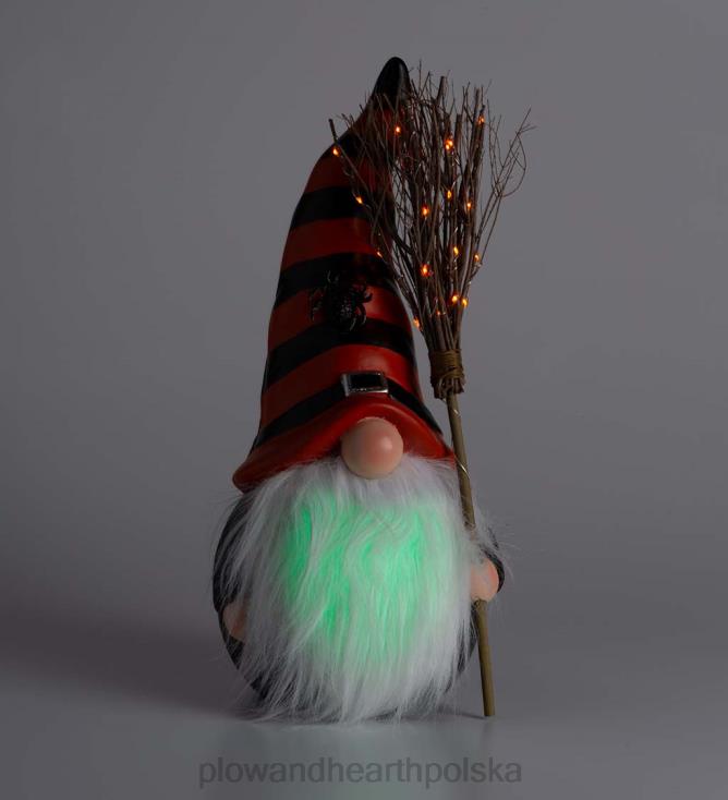 Plow & Hearth Halloweenowy gnom z zapaloną miotłą i zmieniającą kolor brodą - fioletowy 02XR6427 podwórko i ogród