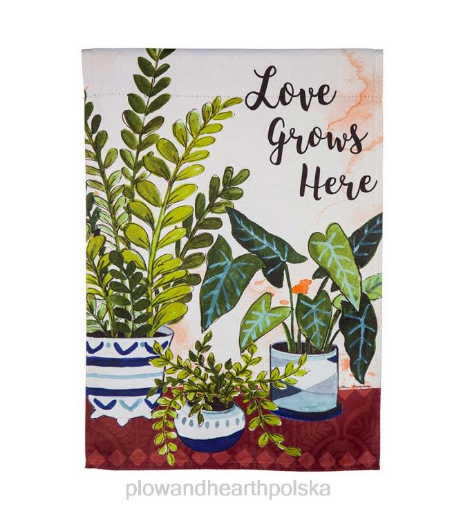 Plow & Hearth Zamszowa flaga ogrodowa „miłość rośnie tutaj” z roślinami doniczkowymi 02XR6576 podwórko i ogród