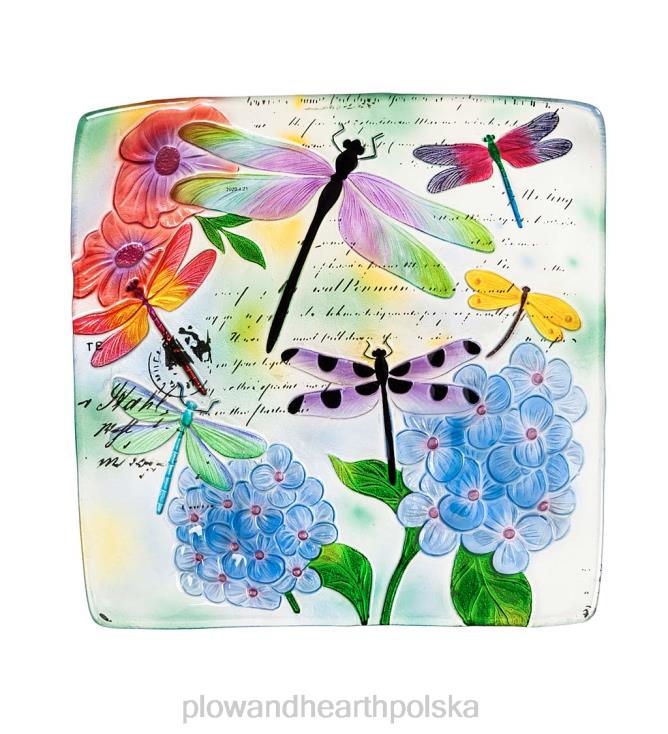 Plow & Hearth ręcznie malowana, tłoczona, kwadratowa szklana wanna z ważką i kwiatami dla ptaków 02XR6843 podwórko i ogród