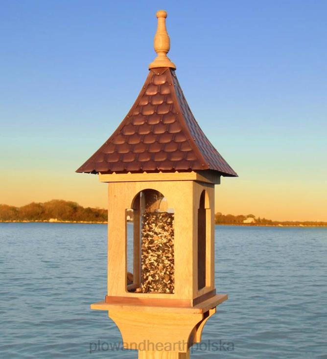 Plow & Hearth karmnik dla ptaków w stylu willi z ręcznie kutej miedzi i niebarwionego drewna liściastego 02XR6766 podwórko i ogród