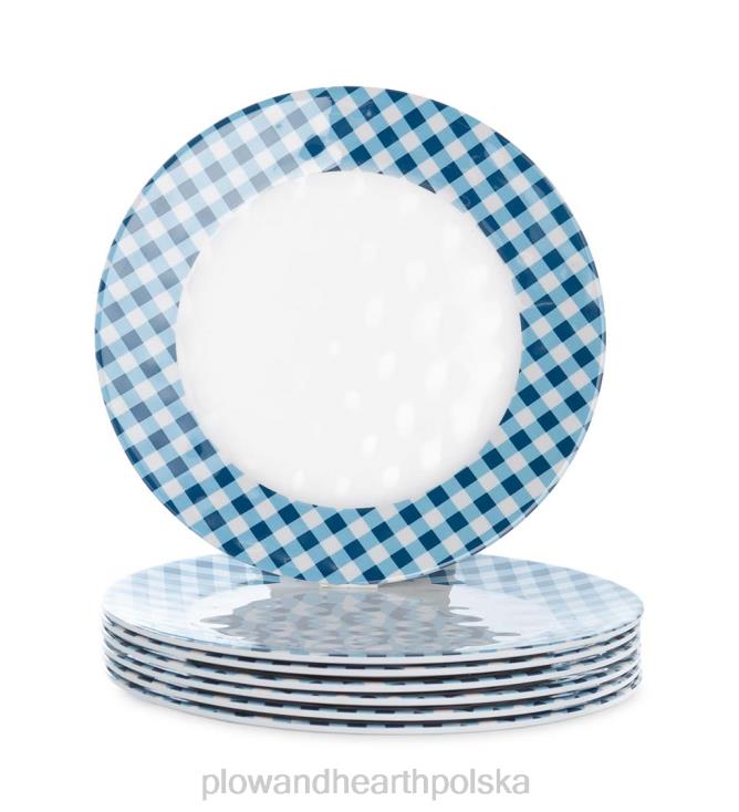 Plow & Hearth Talerze obiadowe z melaminy w niebieską kratkę, zestaw 6 sztuk - jezioro 02XR63199 sezonowe i prezenty